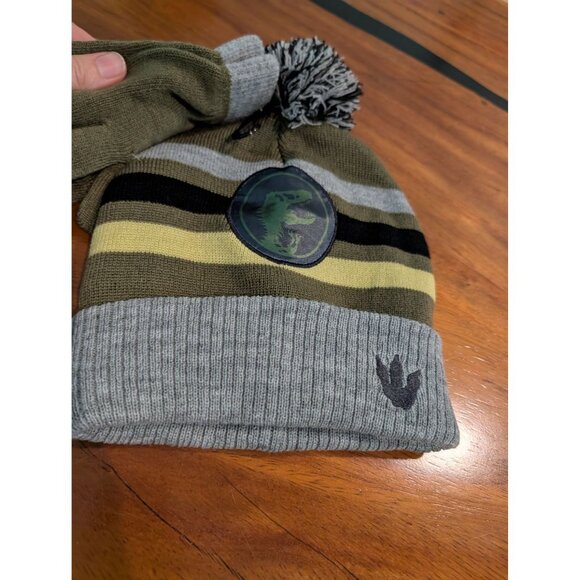 Jurassic World Kids Hat & Glove Set Olive Gray T-Rex Patch Striped Knit Pom NWT - Picture 2 of 4